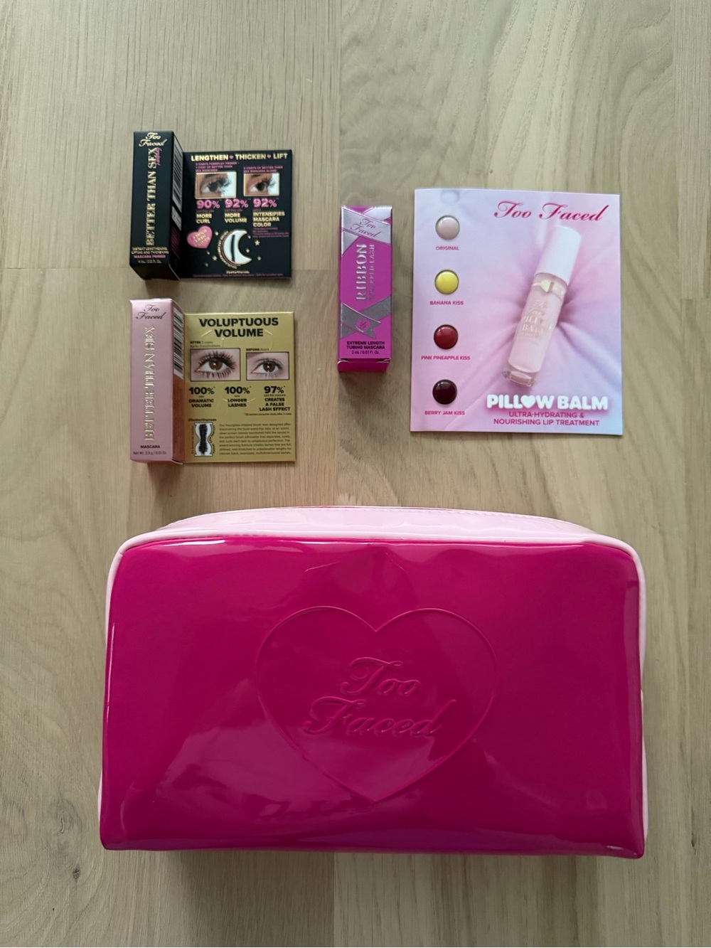 Too Faced Pink Makeup Bag Cosmetic 3 Mascara Minis | Pillow Balm Sample Gift Set